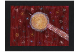 Wajarri artist, Judith Anaru, painted a fast radio burst as part of a series commissioned by CSIRO to celebrate the research being undertaken with CSIRO’s ASKAP radio telescope on Wajarri Country