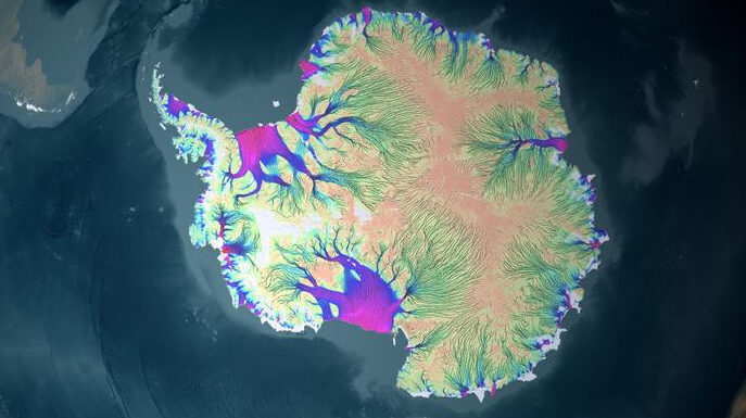 This map, which shows glaciers and tributaries in patterned flows, was created using the same data that Stanford researchers used to train an AI model that revealed some of the fundamental physics governing the large-scale movements of the Antarctic ice sheet. (Image credit: NASA's Goddard Space Flight Center Scientific Visualization Studio). Image Credit: NASA's Goddard Space Flight Center Scientific Visualization Studio