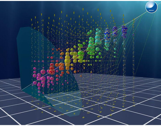 The visualisation of a simulated event in the KM3NeT/ORCA detector. Image Credit: CC BY-NC 4.0 https://creativecommons.org/licences/by-nc/4.0 Credits KM3NeT