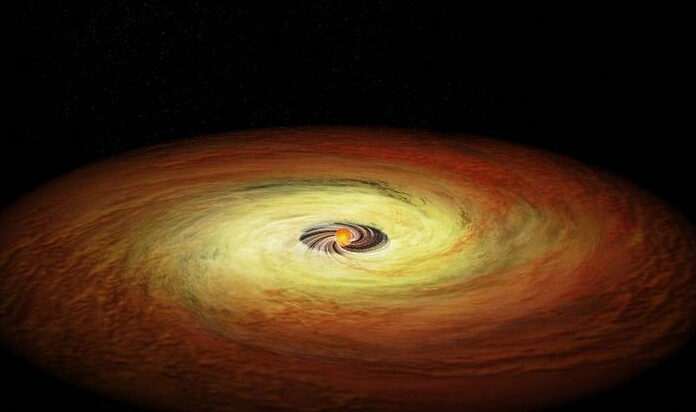 This illustration shows a lower mass star surrounded by its planet-forming disk of gas and dust. The planet formation process would cause gaps, not shown in this illustration, to appear in the disk. The streams near the center show how matter from the disk is still falling onto the star. Image Credit: NASA/CXC/M. Weiss