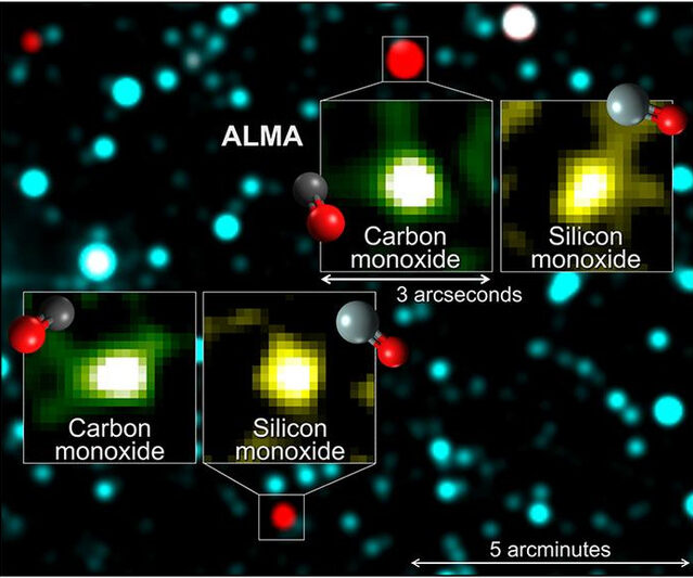 Molecular emission lines from mysterious icy objects captured by the ALMA telescope. The background image is an infrared composite color map, where 1.2-micron light is shown in cyan and 4.5-micron light is in red, based on infrared data from 2MASS and WISE. Image Credit: ALMA (ESO/NAOJ/NRAO), T. Shimonishi et al. (Niigata Univ.)