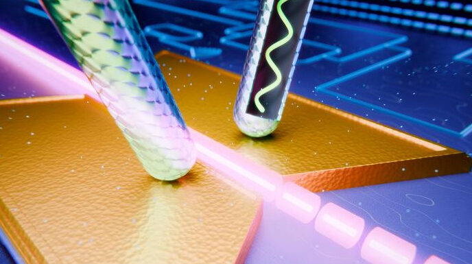 The modulator (in gold) transfers the information from an electrical wave to an optical one. Image Credit: Johannes Grewer / Polariton Technologies