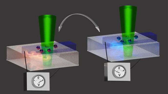 Two interfering magnon modes create spin waves (red/blue spirals), injecting a spin current (red/blue spheres with arrows) into an integrated platinum stripe (blue). The interference patterns are separately detected by a laser beam (green). The curved arrow at the top illustrates that the resulting polarization is dynamically controlled. © Anna Duvakina/LMGN EPFL Credit: © Anna Duvakina/LMGN EPFL