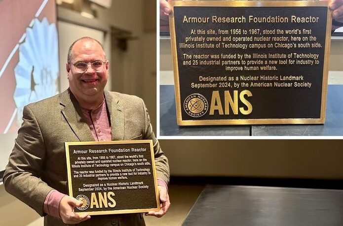 Illinois Tech Vice Provost for Research Jeff Terry holds the Armour Research Foundation Reactor commemorative plaque (inset). Credit: Illinois Institute of Technology