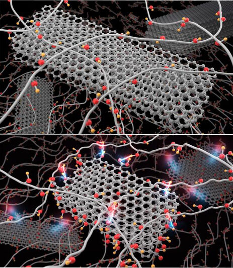 These illustrations show polymers (the long tubes) filled with perfect (top, graphite) or imperfect (bottom, graphite oxide) fillers. Credit: Yijie Zhou, UMass Amherst