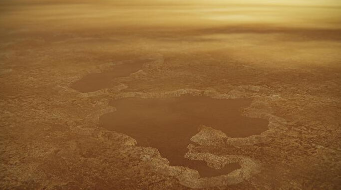This artist's concept of a lake at the north pole of Saturn's moon Titan illustrates raised rims and rampartlike features as seen by NASA's Cassini spacecraft. Credit: NASA/JPL-Caltech
