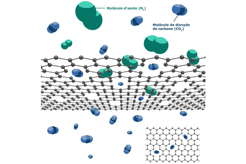 A cartoon of graphene membrane separating CO2 from N2. Credit: Ivan Savicev (EPFL)